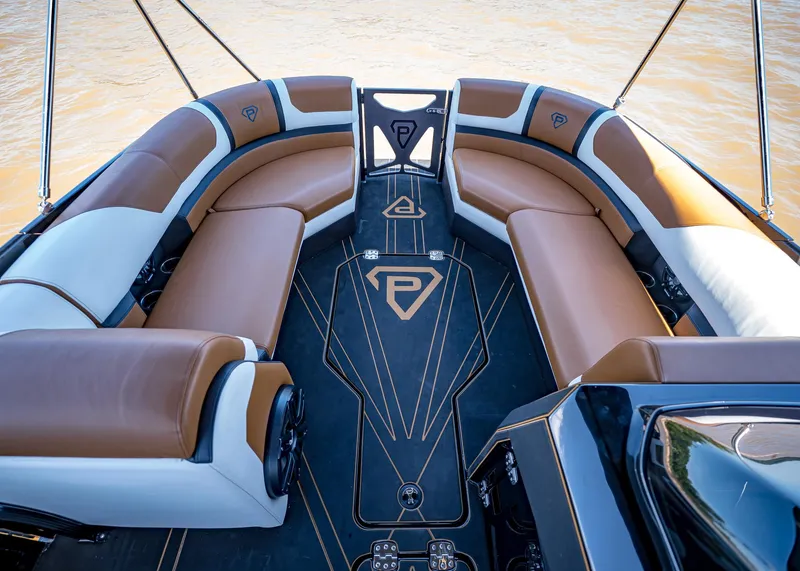 Slide: The Image of Luxurious Paradigm 236 boat interior with brown and white seating, 2025 model. - 42