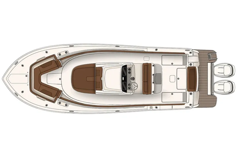 Slide: The Image of Manufacturer Provided Image: Top view of 2022 Scout 305 LXF boat layout with seating and twin engines. - 16