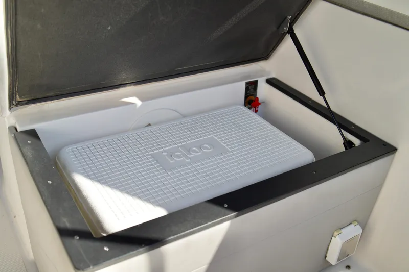 Slide: The Image of Open storage compartment with Igloo cooler on 2019 Regal 26 Express boat. - 48