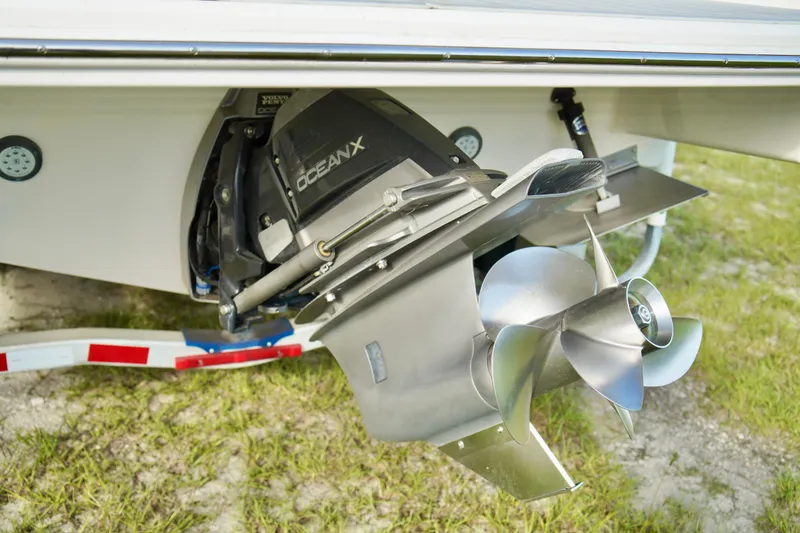 Slide: The Image of Close-up of 2019 Regal 26 Express boat propeller and OceanX drive system. - 52