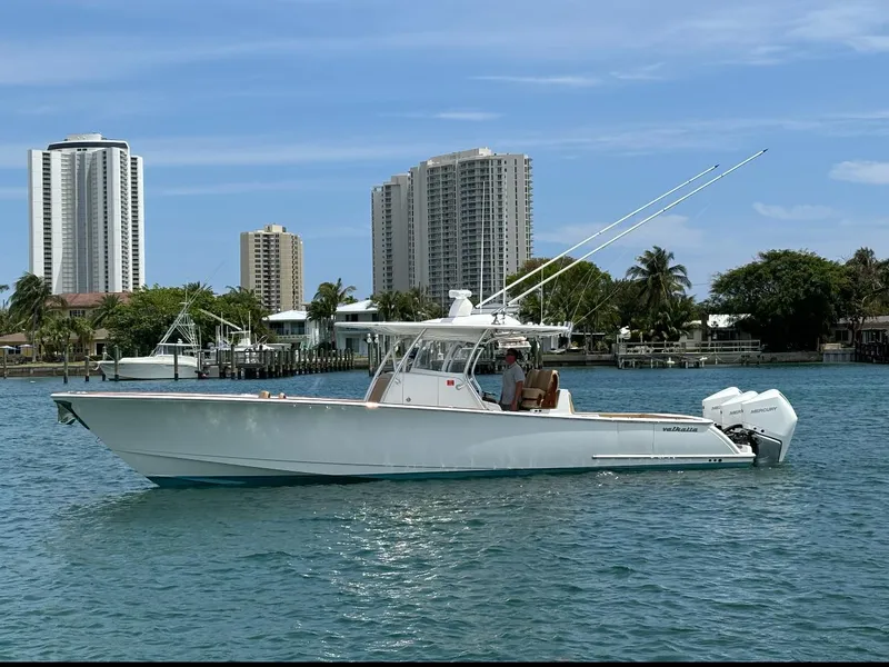 The Image of 2022 Valhalla Boatworks V-37 on water with city skyline background. - 0