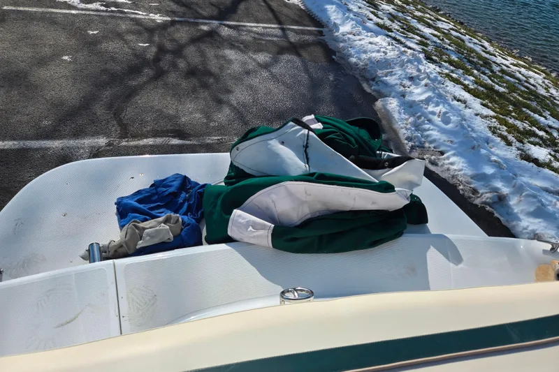 Slide: The Image of 1998 Chris-Craft 210 Bowrider with winter gear on deck, near snowy shoreline. - 25