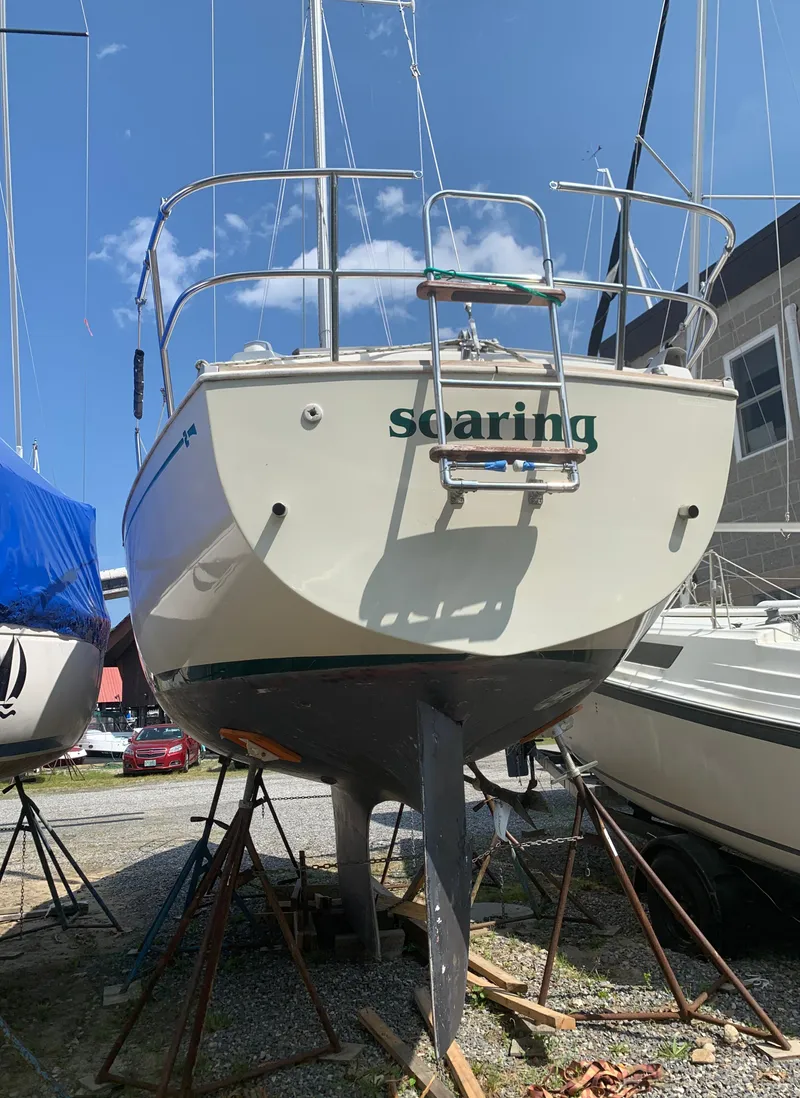 Slide: The Image of 1979 Sabre 28-2 sailboat "Soaring" on stands, ready for maintenance. - 4