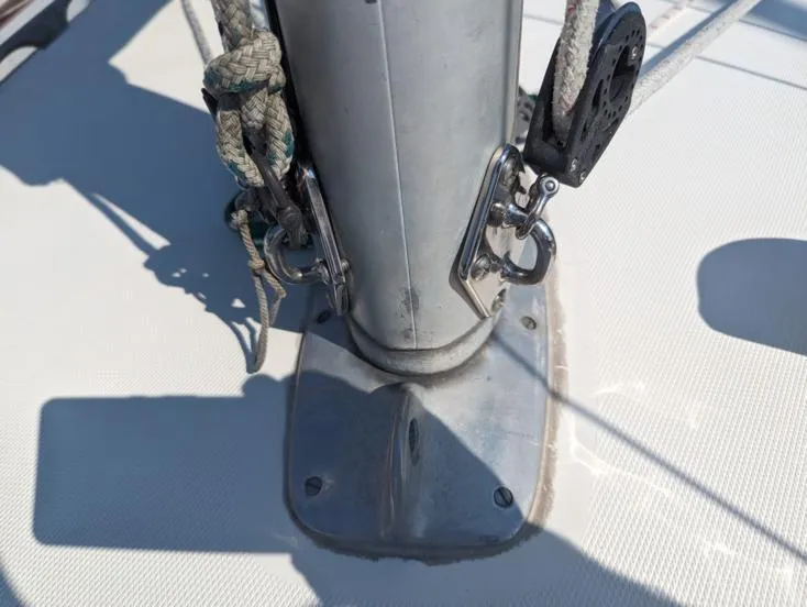 Slide: The Image of Close-up of a 1979 Sabre 28-2 sailboat mast base with rigging details. - 7