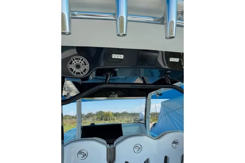 Slide: The Image of Interior view of 2023 Edgewater 370CC boat, featuring sleek design and modern equipment. - 7