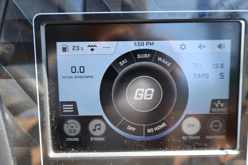 Slide: The Image of ATX Surf Boats 22 Type-S 2023 dashboard display showing speed, fuel, and mode settings. - 35