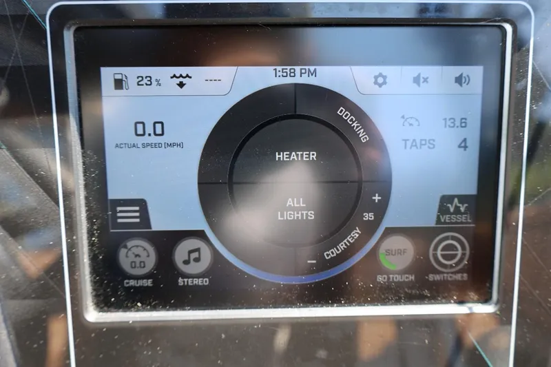 Slide: The Image of Touchscreen display of 2023 ATX Surf Boats 22 Type-S showing speed, fuel, and controls. - 36