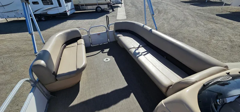 Slide: The Image of 2017 Sun Tracker Party Barge 240 interior with spacious seating and modern design. - 13