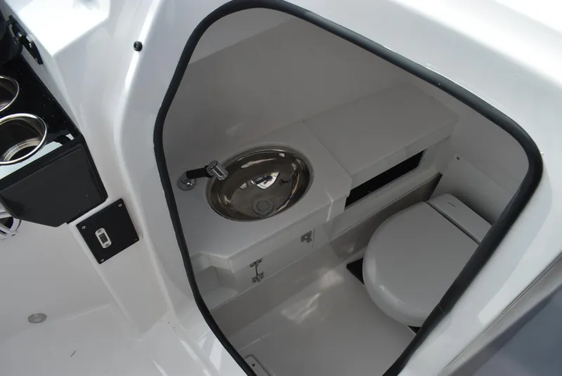 Slide: The Image of 2025 Blackfin 272 DC boat interior with compact bathroom, featuring a sink and toilet. - 6