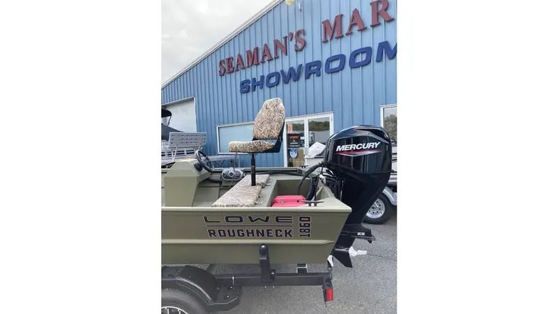 Slide: The Image of 2025 Lowe Roughneck RX1860 SC boat with Mercury engine at showroom. - 3