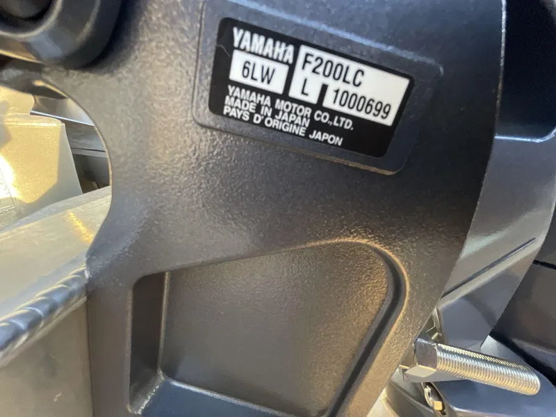 Slide: The Image of Close-up of Yamaha F200LC engine label on South Bay S224RS, 2025 model. - 15