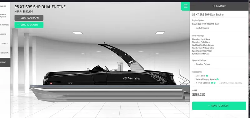 Slide: The Image of 2021 Manitou 25 XT SRS pontoon boat with dual engines, black color, displayed in a showroom. - 8