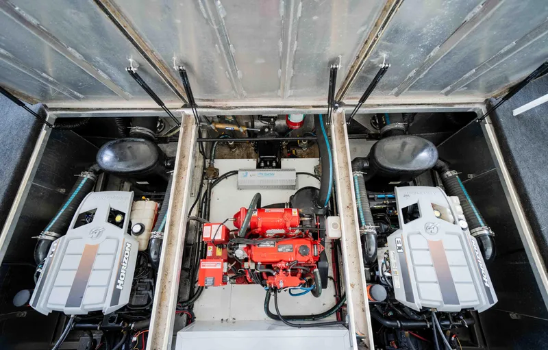Slide: The Image of Engine room of a 2008 Monticello Houseboat with dual Horizon engines. - 39