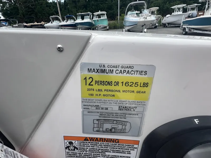 Slide: The Image of 2022 Starcraft SVX 191 OB boat capacity label, 12 persons or 1625 lbs, 150 HP motor. - 11