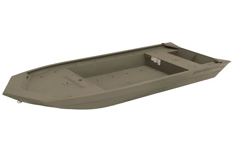 Slide: The Image of 2026 Tracker Grizzly 1860 boat hull, olive green, side view, with brand logos and labels. - 6