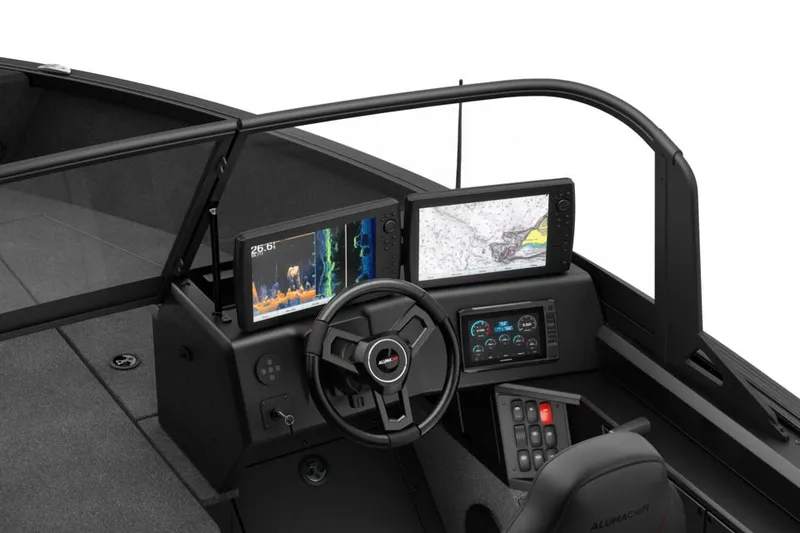Slide: The Image of Interior of 2026 Alumacraft Competitor 195X Sport boat, featuring storage and cup holder. - 4