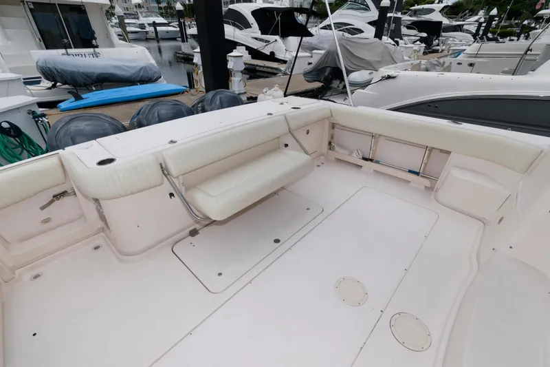 Slide: The Image of 2007 Grady-White Express 360 boat deck with seating, docked at marina. - 9