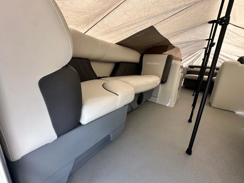 Slide: The Image of Interior of 2025 Sylvan Mirage 818 Cruise pontoon boat with comfortable seating. - 16