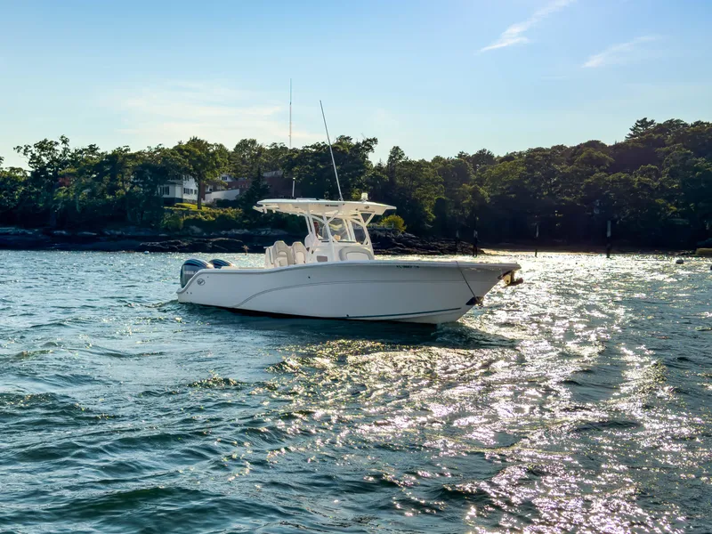 Slide: The Image of 2022 Sea Fox 288 Commander boat on shimmering water near a wooded shoreline. - 6