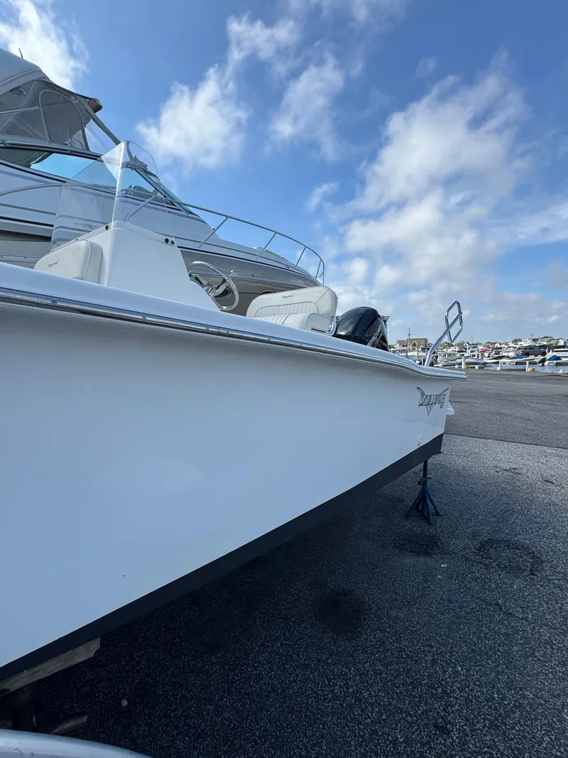 Slide: The Image of 2021 Savannah SS19 boat interior with sleek white deck and metal railing. - 10