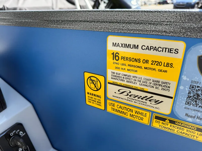 Slide: The Image of Capacity label on 2026 Bentley Pontoons Legacy 243 Swingback, indicating 16 persons or 2720 lbs. - 30