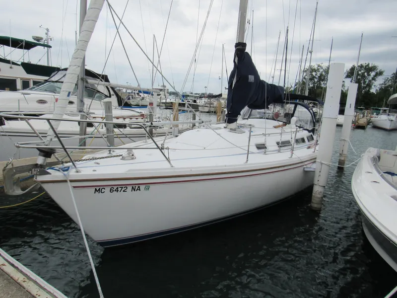 The Image of 1986 Catalina 36 sailboat docked in a marina, surrounded by other boats. - 1