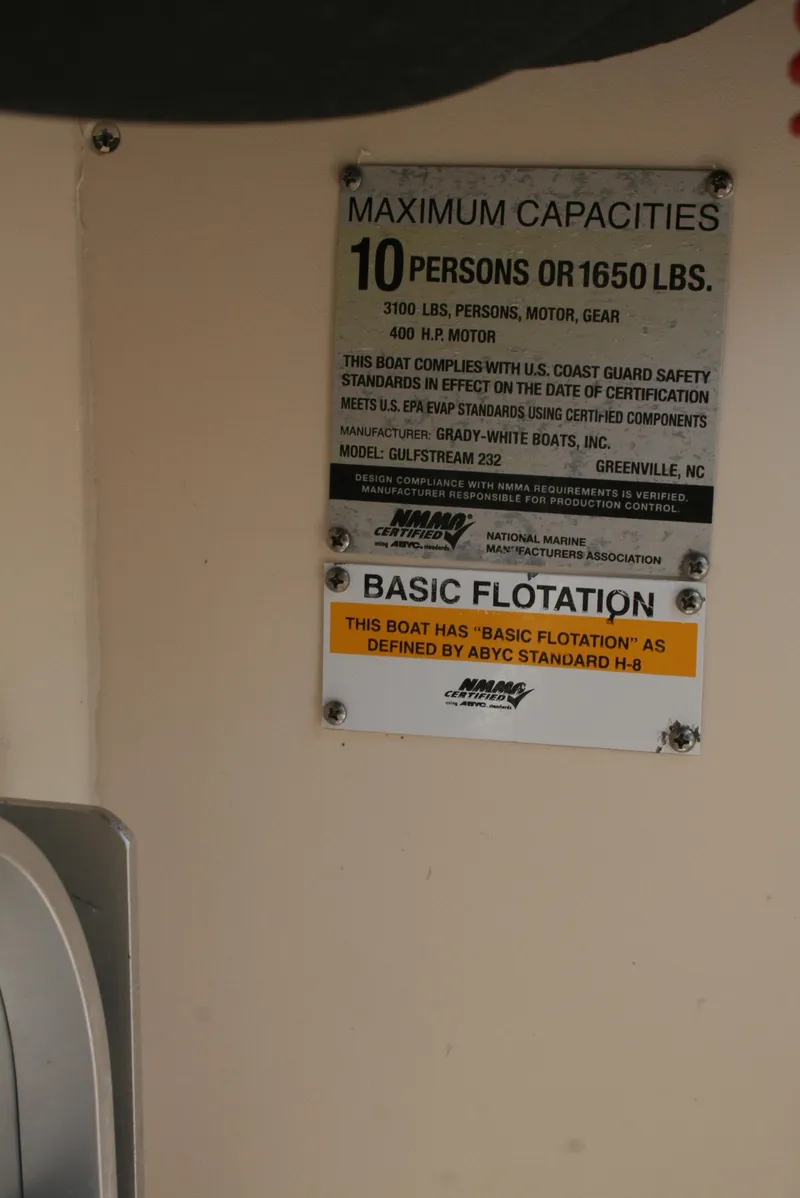 Slide: The Image of 2021 Grady-White 232 Gulfstream capacity plate, 10 persons or 1650 lbs, basic flotation. - 8