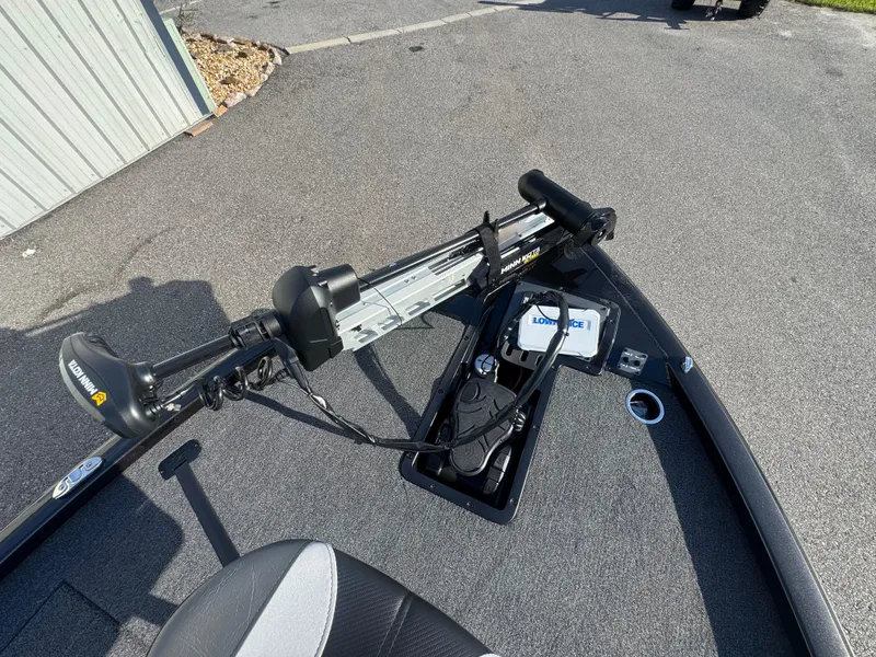 Slide: The Image of 2026 Vexus AVX1980 boat deck with Minn Kota trolling motor and Lowrance electronics. - 6