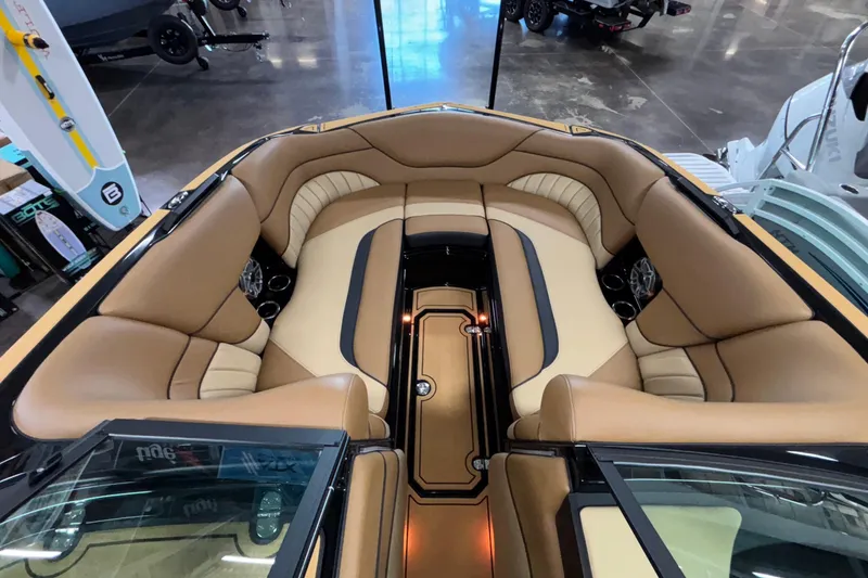 Slide: The Image of Luxurious interior of 2025 MB B52 25 Alpha boat with tan leather seating. - 31