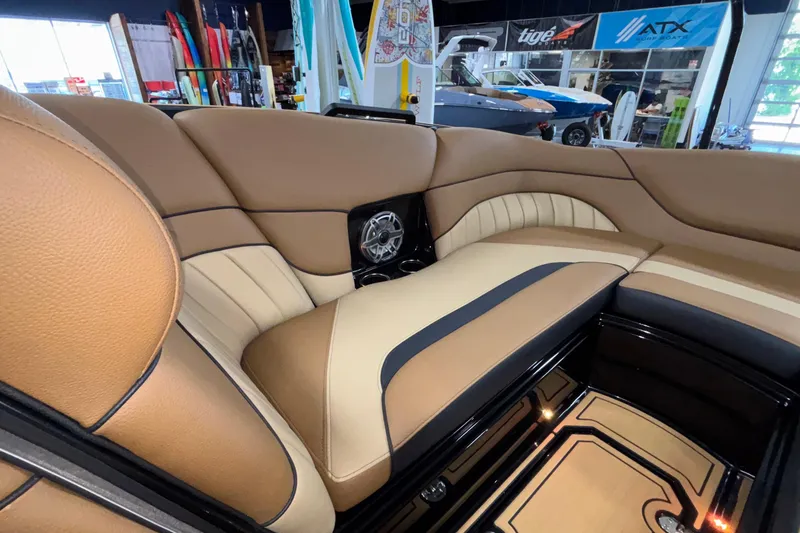 Slide: The Image of Luxurious interior of 2025 MB B52 25 Alpha boat with tan leather seating. - 32