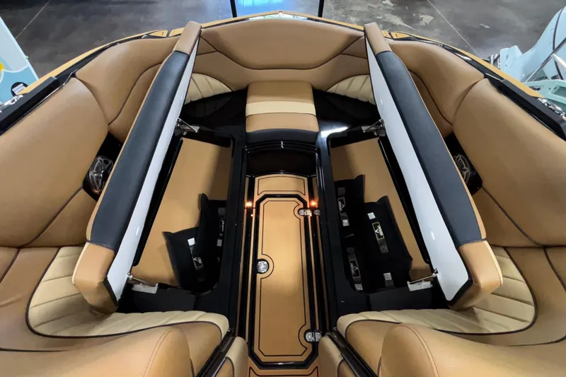 Slide: The Image of Luxurious interior of 2025 MB B52 25 Alpha boat with tan leather seating. - 35