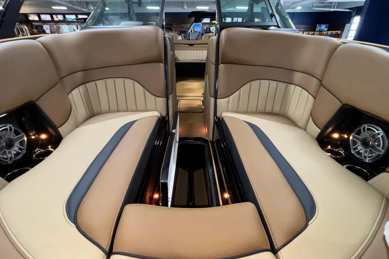 Slide: The Image of Luxurious interior of 2025 MB B52 25 Alpha boat with tan leather seating. - 37
