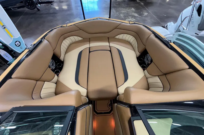 Slide: The Image of Luxurious interior of 2025 MB B52 25 Alpha boat with tan leather seating. - 41