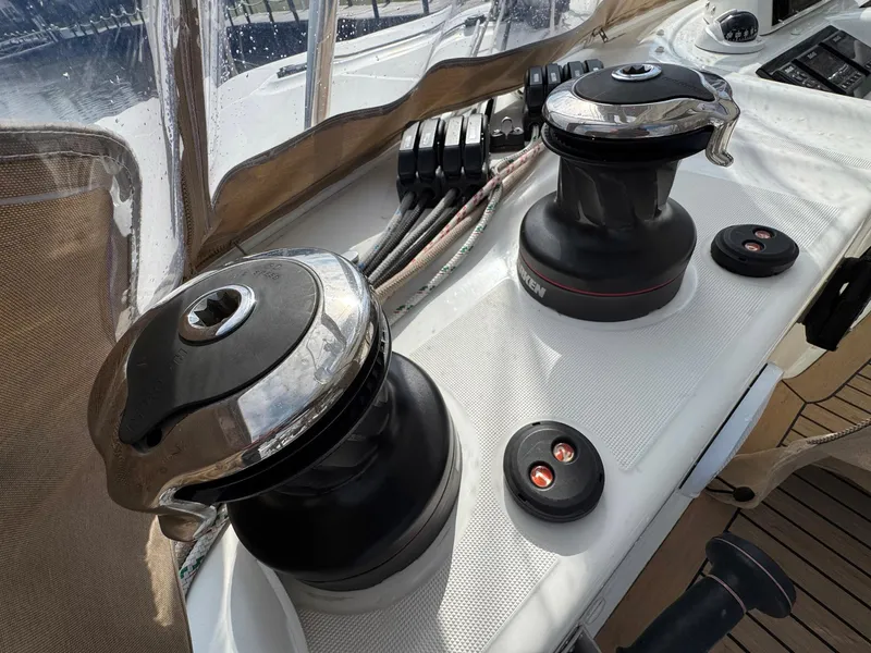 Slide: The Image of Lagoon 46 yacht winches and controls, 2022 model, on a sleek deck. - 31