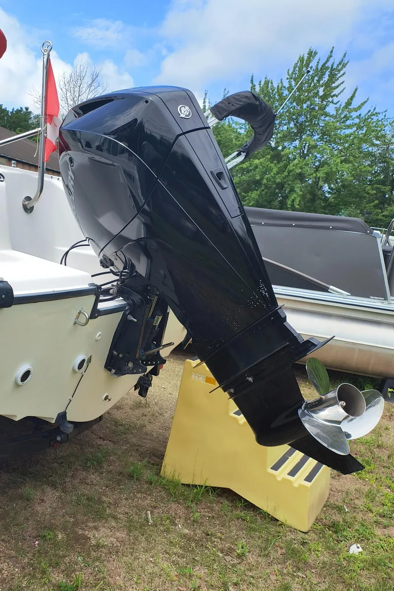 Slide: The Image of Outboard motor on a 2001 Boston Whaler 210 Ventura, parked on grass. - 20