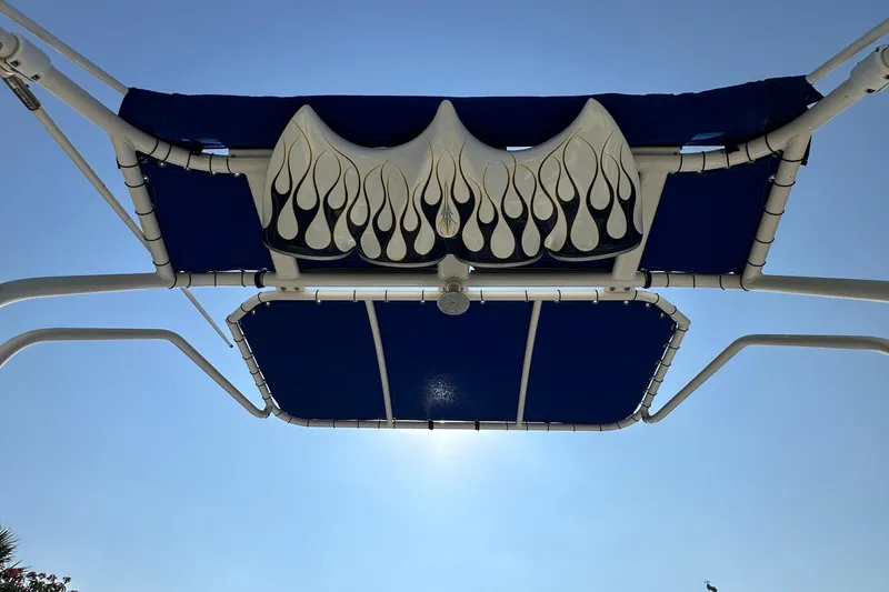 Slide: The Image of 2007 Ebbtide 2460 SS Fun Cruiser DC boat canopy with flame design under clear blue sky. - 23