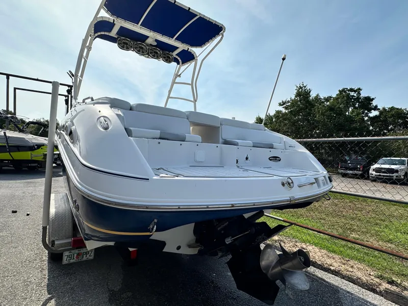 Slide: The Image of 2007 Ebbtide 2460 SS Fun Cruiser DC boat on trailer, rear view. - 3
