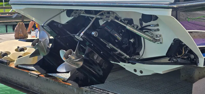 Slide: The Image of 2007 Fountain 42 Executioner boat with dual propellers at dockside. - 7