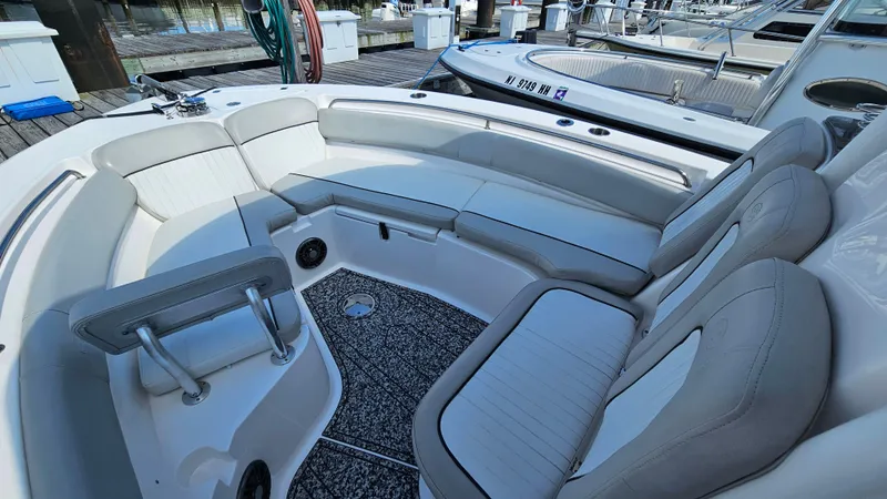 Slide: The Image of 2022 Sea Fox 249 Avenger boat interior with cushioned seating and modern design. - 15