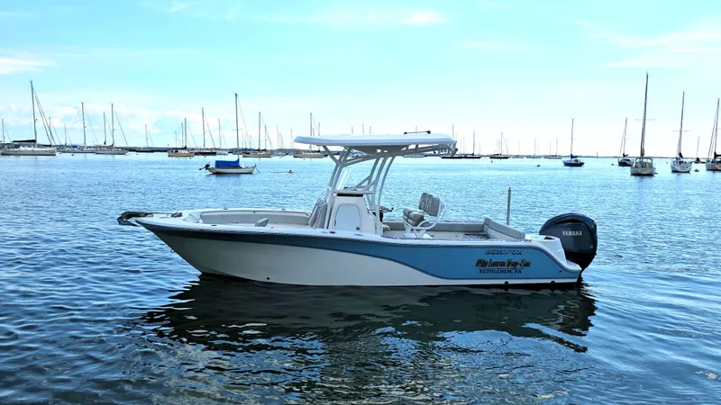 Slide: The Image of 2022 Sea Fox 249 Avenger boat on calm water with sailboats in the background. - 4