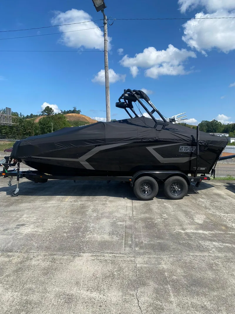 Slide: The Image of 2025 Heyday WT-2DC boat covered on a trailer, parked outdoors under a clear sky. - 22