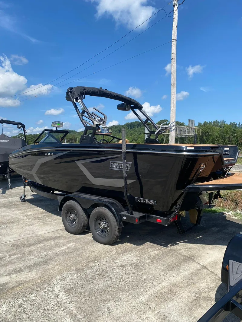 Slide: The Image of 2025 Heyday WT-2DC boat on trailer, sleek black design, sunny day, blue sky background. - 3