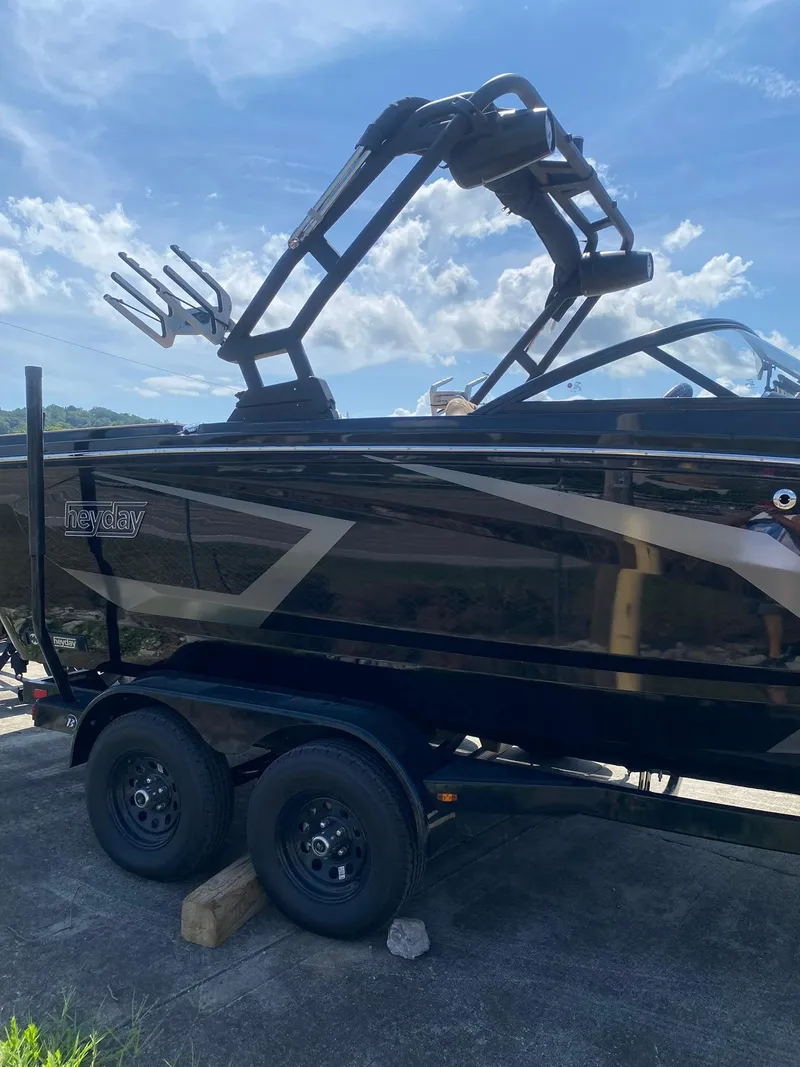 Slide: The Image of 2025 Heyday WT-2DC boat on trailer under clear blue sky. - 6