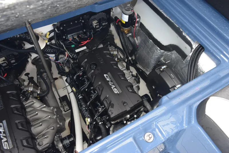 Slide: The Image of Engine compartment of 2023 Yamaha Boats 255XD, showcasing advanced mechanical components. - 29