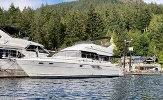 The Image of 1992 Bayliner 4388 Motoryacht docked by forested shoreline. - 0