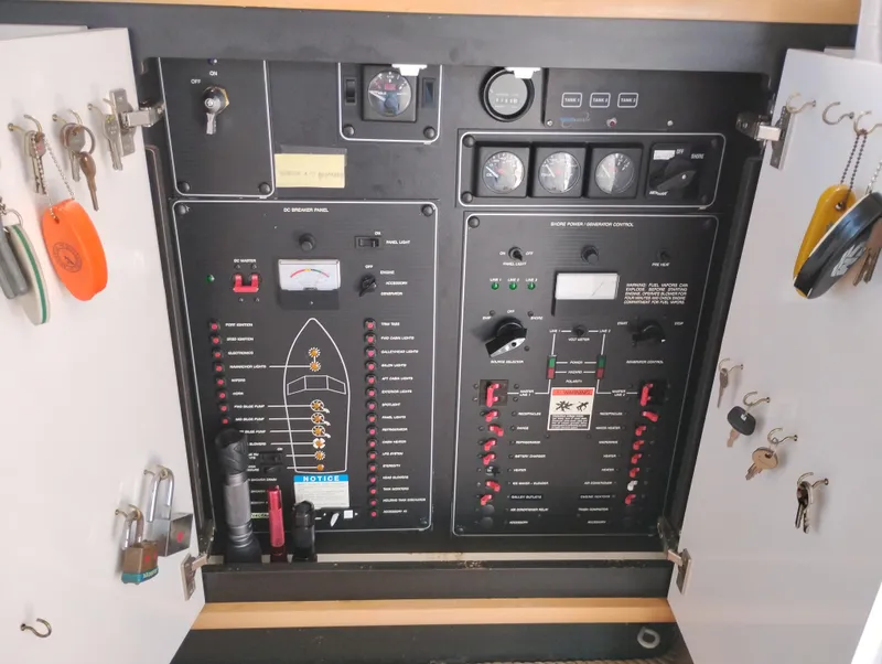 Slide: The Image of Electrical control panel of a 1992 Bayliner 4388 Motoryacht with keys and switches. - 13