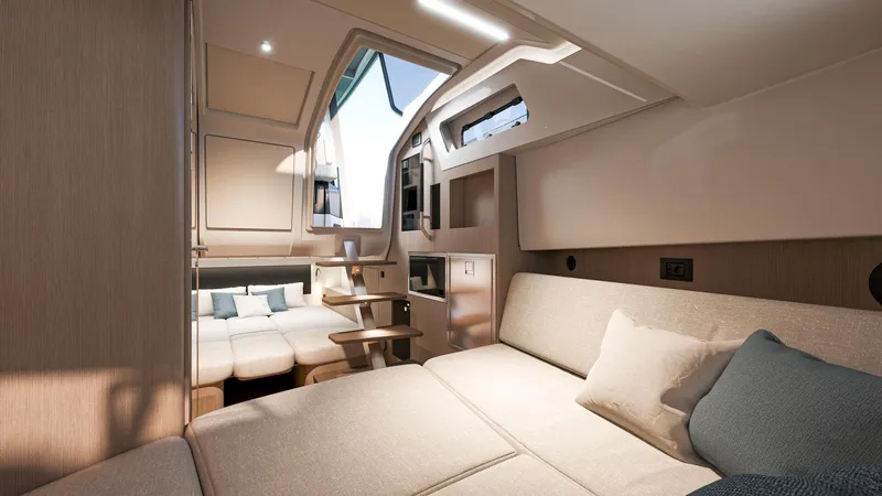 Slide: The Image of Luxurious interior of 2026 Beneteau Gran Turismo 35 yacht, featuring modern seating and elegant design. - 7