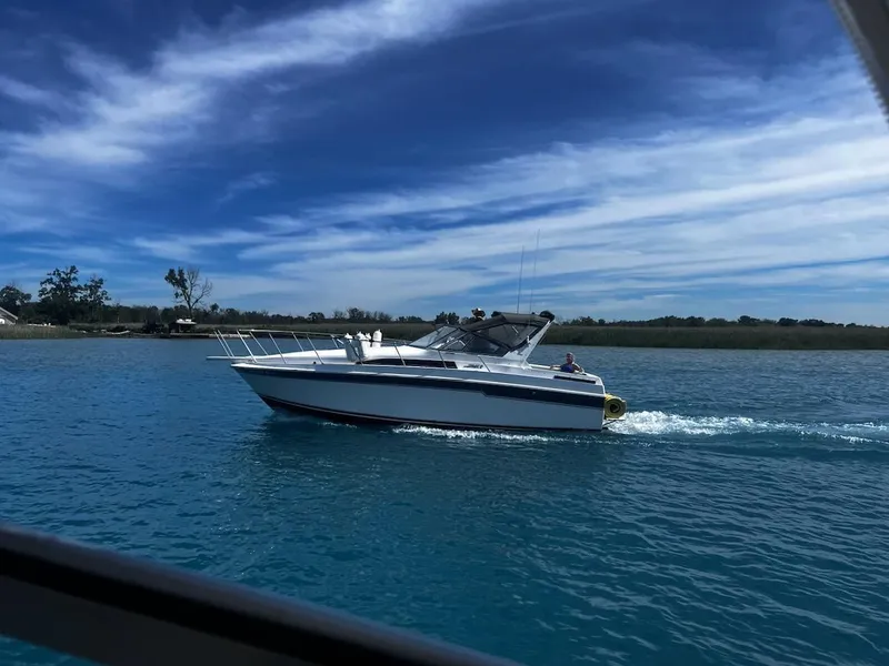 Slide: The Image of 1988 Trojan International boat cruising on a clear blue lake under a vibrant sky. - 1