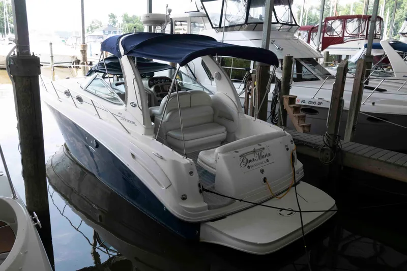 Slide: The Image of 2005 Sea Ray 300 Sundancer docked in a marina, featuring a blue canopy. - 4