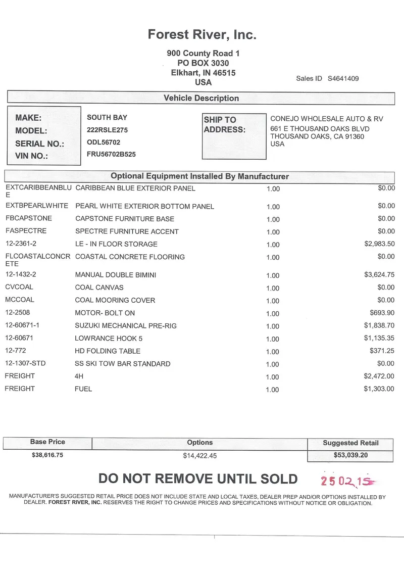 Slide: The Image of 2025 South Bay 222 LE vehicle description and pricing details from Forest River, Inc. - 33
